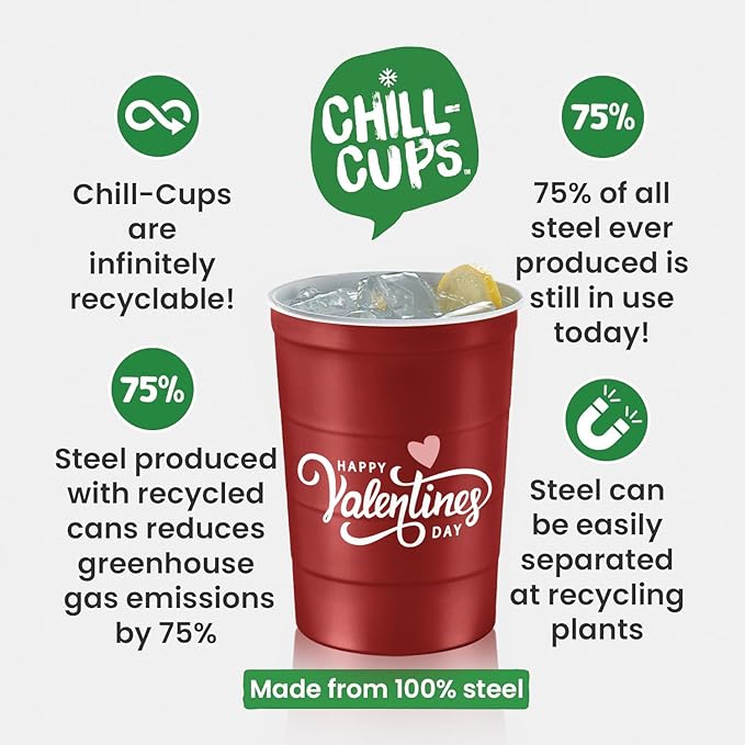 16 oz. Party Cups 'Happy Valentine's Day' Heart Design for Cold Drinks, Durable, Disposable, Recyclable, Made in USA, Red, 12 Count