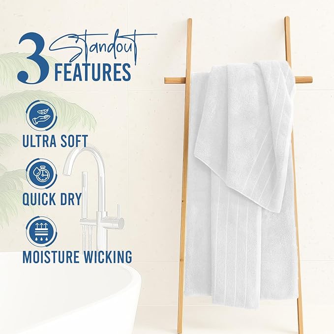 DAN RIVER Bath Towels Set of 4, 30 x 60 Inches, 100% Cotton, Larger & Lighter Weight, Quicker to Dry, Super Soft and Absorbent, Ideal Hotel Towels for Daily Use, White