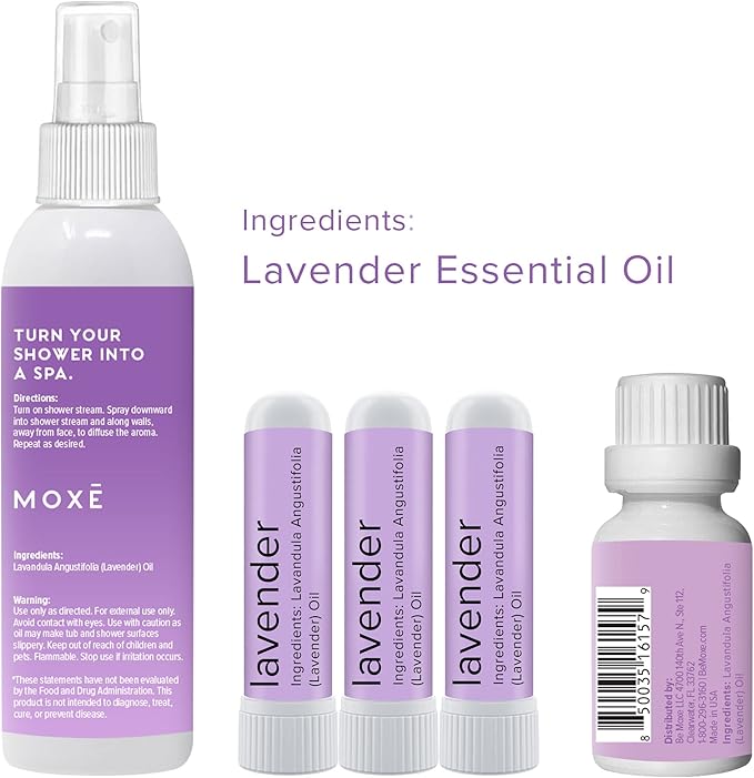 MOXE Lavender Aromatherapy Gift Set, 100% Pure Essential Oil, Shower Steamer Spray, Portable Nasal Inhalers, Diffuser Essential Oil, Sinus & Congestion Relief, Therapeutic Grade, Made in USA