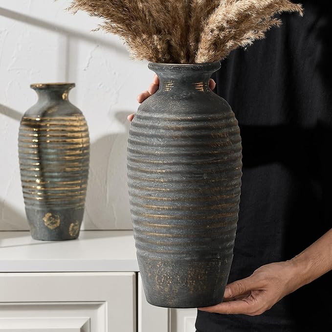 Ceramic Natural Rustic Vase, 14.4 Inch Large Vintage Flower | Threaded Decorative | Farmhouse Tall Vase for Home Decor, Living Room, Shelf Decor, Gift, Bronze