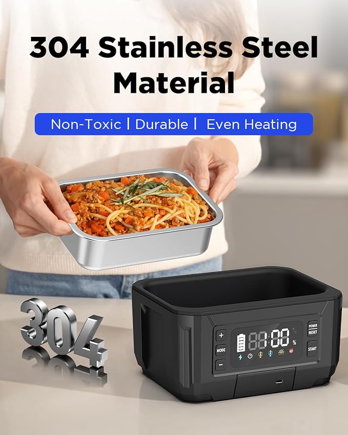 Cordless Electric Lunch Box for Adults – 1.2L Stainless Steel Self-Heating Lunch Box with 20000mAh Removable Rechargeable Battery, Portable Heated Food Warmer for Work, Travel & Office(BK)