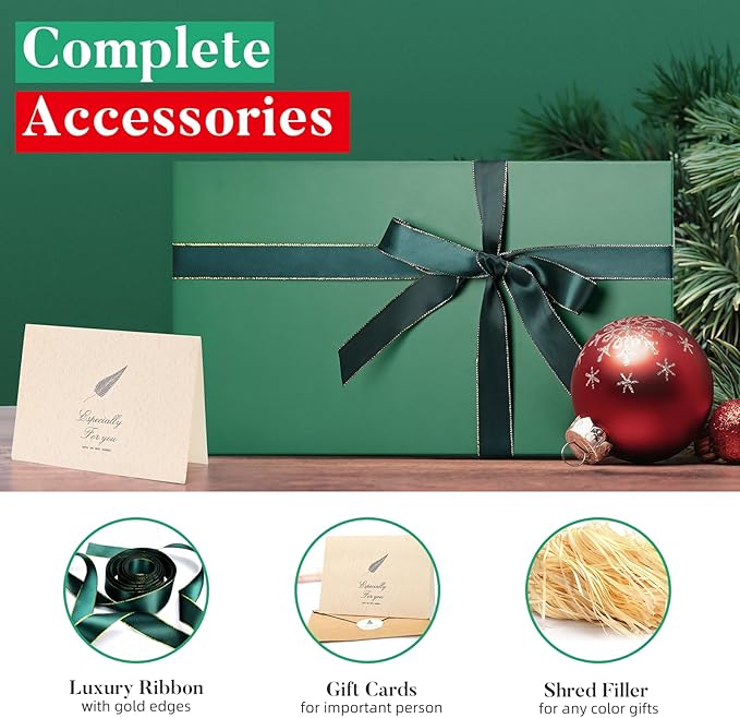 LIFELUM Christmas Gift Box for Presents 1 Pack 13.85 x 8.35 x 4.45 inch Big Decorative Green Gift Box for Clothes with Magnetic Lids Luxury Accessories Card, Ribbon, Filler,Sticker
