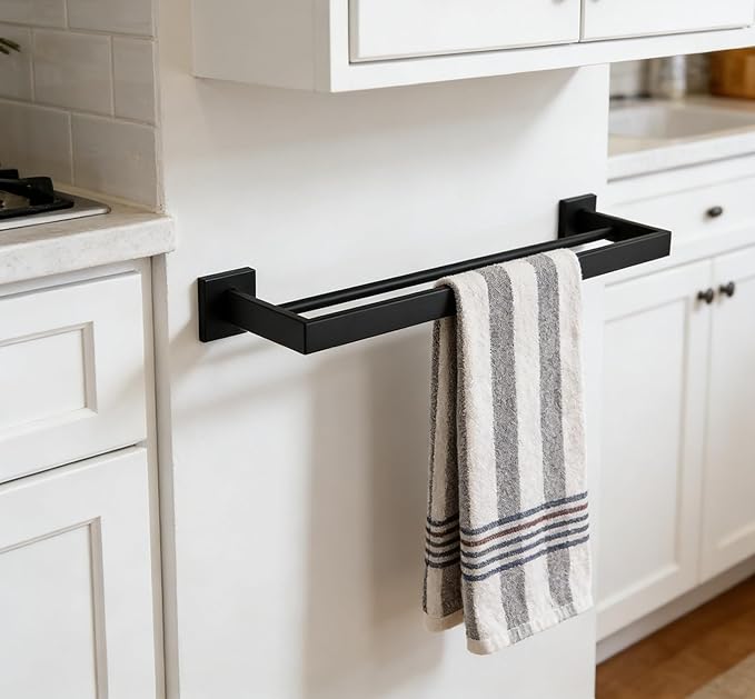 SUYA 24 Inch Double Towel Bar for Bathroom Wall, SUS304 Stainless Steel Towel Rack for Bathroom & Kitchen,Modern Bathroom Towel Hanger for Home Decor,2-Tier Wall Mounted Towel Rod in Matte Black