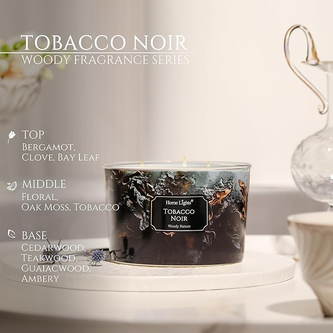 HomeLights Scented Candles for Women & Men, 18oz Candle Jars Aromatherapy 4-Wick Candle, Ideal for Industrial Chic Home Decor and Gifts, Tobacco Noir Fragrance