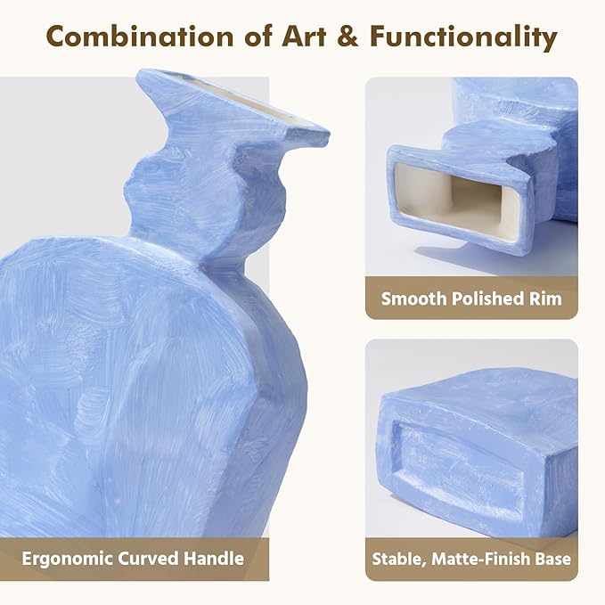 Ceramic Vase, Small Blue Vases Home Decor,Fall Décor Modern Farmhouse Vases for Home Decor, Organic Decor Accents for Living Room, Shelf, Table, Entryway