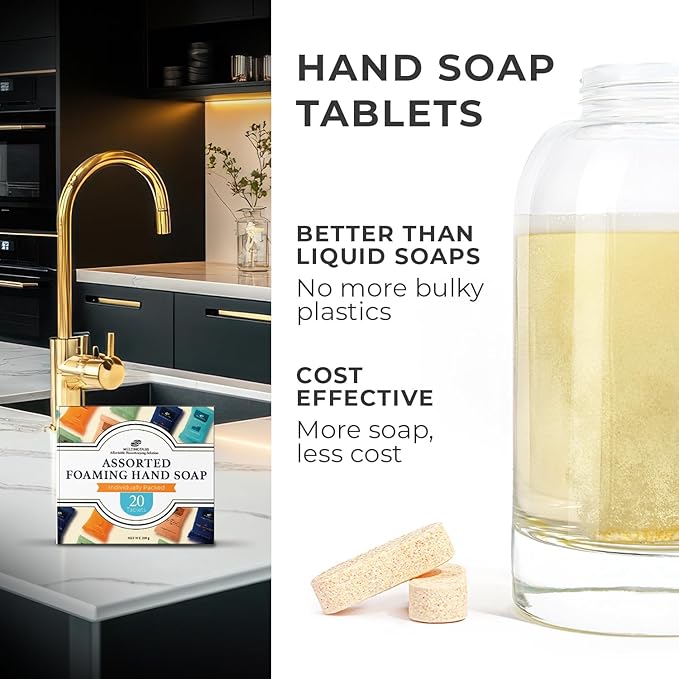 Assorted Foaming Hand Soap Tablets – 20 Tablets in 5 Scents (Citrus, Bergamot, Ocean, Noble Essence, Zen Tea) – Individually Packed, Concentrated Soap Refill for Foam Dispensers