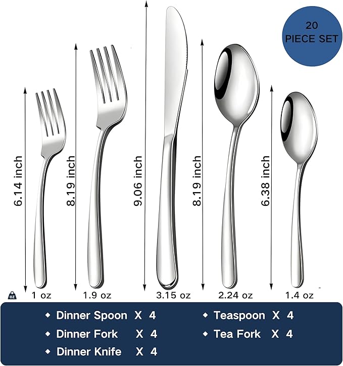 20-Piece Silverware Set,Flatware Set for 4, Food-Grade Premium 18/10 Stainless Steel Cutlery Set,Mirror Polished Tableware, Kitchen Eating Utensils Include Forks Spoons Knives, Dishwasher Safe