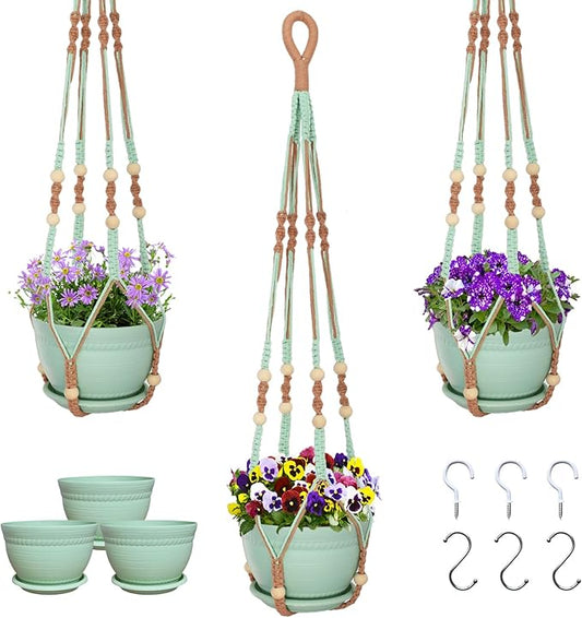 Macrame Plant Hanger with Pot, 3 Set Hanging Planters for Indoor Plants, Handmade Cotton Rope Boho Home Decor, Idea Gift for Anyone, Includes Plant Holders, Pots, Plates and Hooks (Mixed Color-1)