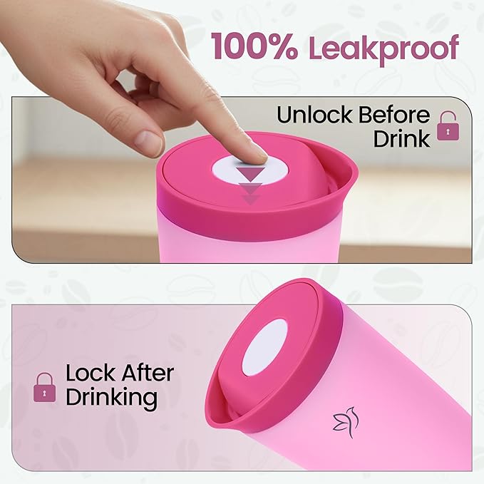 Travel Coffee Mug Tumbler, Reusable Iced Coffee Hot Coffee Cup, Double Wall Insulated Thermal Stainless Steel Material, Gift for Women Men, Perfect for Camping Travelling, 12 oz, Pink