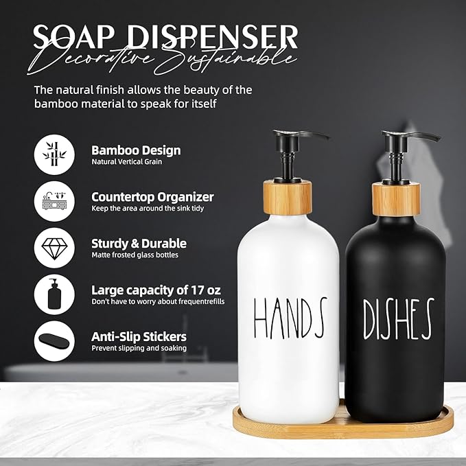 Arktek Glass Soap Dispenser Set with Tray, 2 Pack Hand and Dish Soap Dispenser Set for Bathroom and Kitchen Bottle Dispenser with Dish Soap, Hand Soap, Lotion 17 Oz (Black & White)