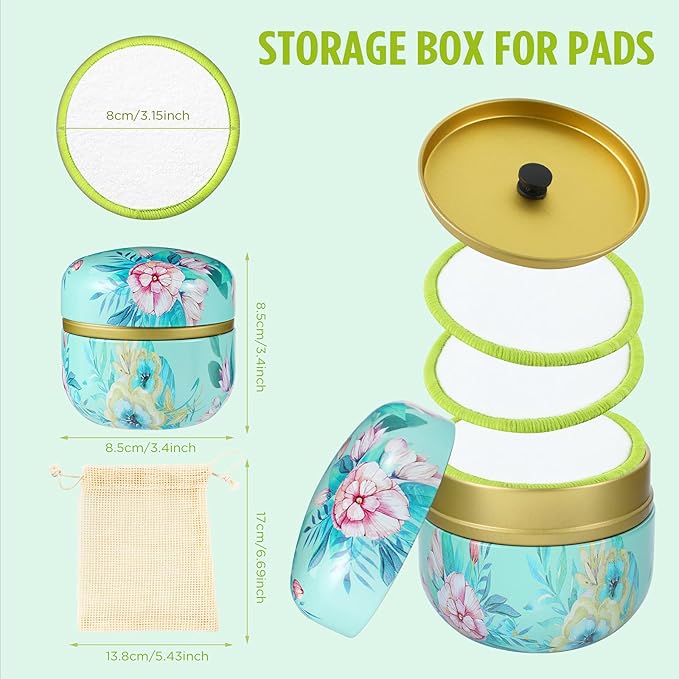 Reusable Makeup Remover Pads - 16 Packs Natural Bamboo Cotton Rounds Eco-Friendly for All Skin Types with Cotton Laundry Bag & Fashionable Metal Box，Green