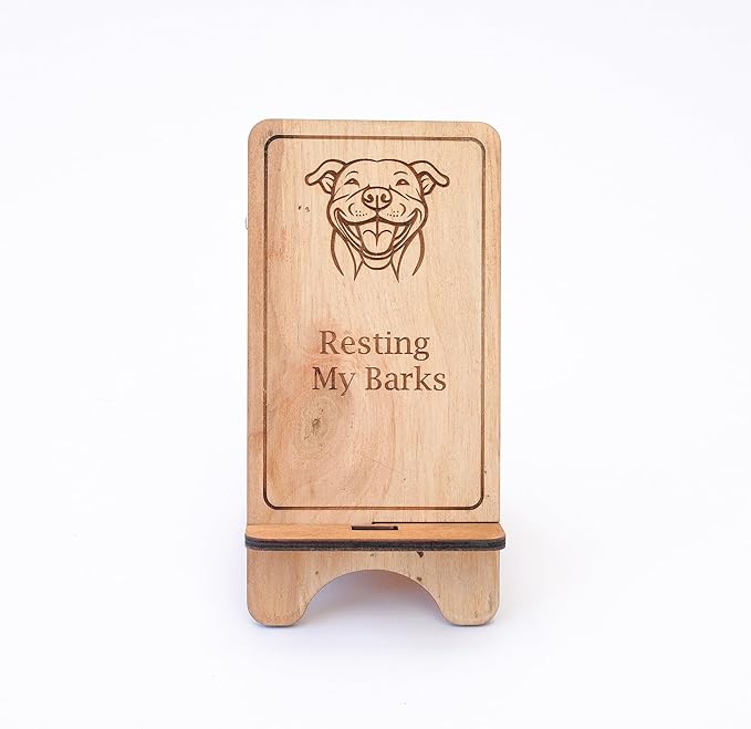 Design Your Own Phone Stand Personalized Wooden Holder Custom Pet Name Engraved Handmade Desk and Home Accessory Gift (Resting My Barks Pitbull)