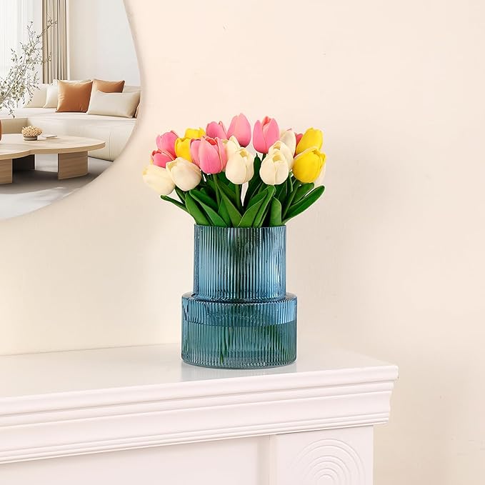 Blue Glass Vase, Ribbed Glass Vase, Fluted Glass Vase, Flower Vase for Bouquet, Ribbed Vase for Flowers, Blue Vase for Living Room, Dining Table, Entryway, Shelf, Wedding, Office,7.5 Inches