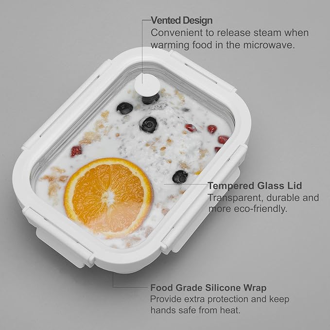 Glass Food Storage Meal Prep Containers - Food Grade Silicone Wrap & Air Release Vent, Rectangular shape - 8 Pc Set (4 Containers - 4 Matching Lids)