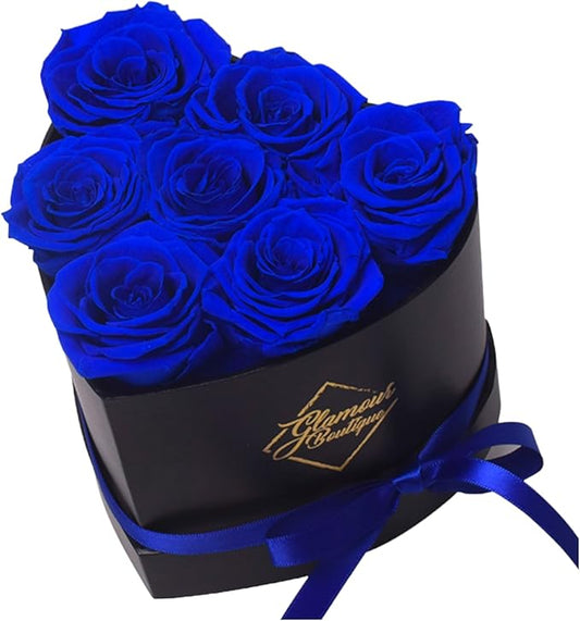 GLAMOUR BOUTIQUE 7 Flower Forever Heart Shape Box - Preserved Roses Gift for Her, Preserved Flowers, Blue