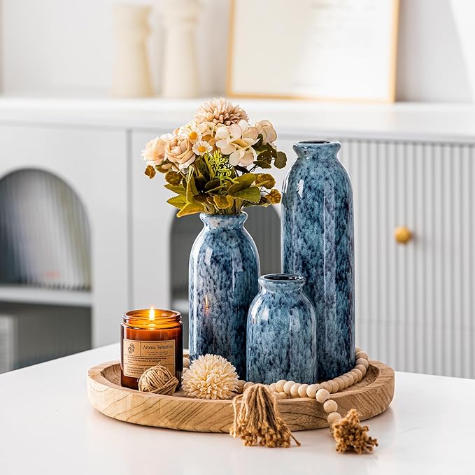 CWLWGO-Blue Ceramic Vase Set, Farmhouse Country Blue Vases for Home Decor, Vases for Your Kitchen Living Room Table Decoration, Shelf Centerpiece and Entrance Decorations.