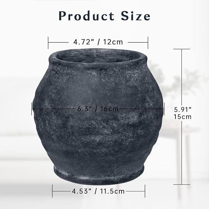 Briful 5.91'' Large Ceramic Black Rustic Vase, 4.72'' Wide Mouth Pampas Jar Vase Pottery for Fake Flowers Branches, Farmhouse Home Decor, Weddings Shelf Table Decor