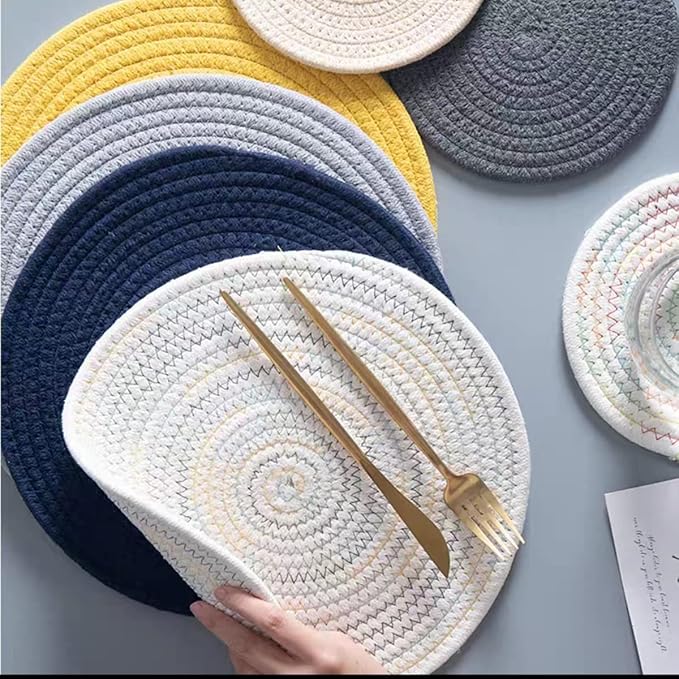 4 Pack Woven Placemats, 13.8 inches Round Plate Chargers Grey Thick Placemat Set Cotton Rope Braided Tablemats Rattan Mats Rustic Weave Placemats for Table Decoration