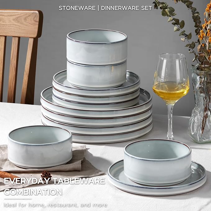 Onader Ceramic Dinnerware Sets for 6, Stoneware Plates and Bowls with Rustic Terracotta Bottom, Elegant Kitchen Dinner Dish Set, 18-Piece Dishware Tableware - Glacier White