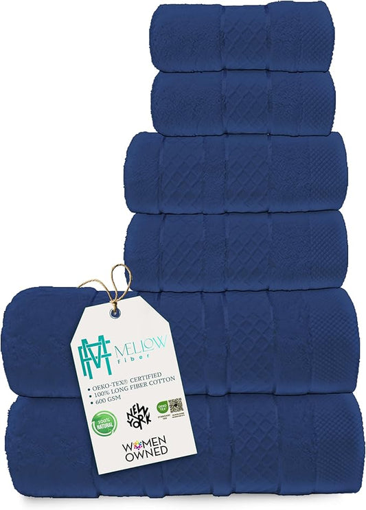 Premium Towel Set: Super Absorbent, Quick-Drying, Soft, Plush. Features Hanging Loop, Fade-Resistant, eco & Skin-Friendly Dyes. Luxury Dobby Design for Bath or spa. (Navy, 6 Pc Set)
