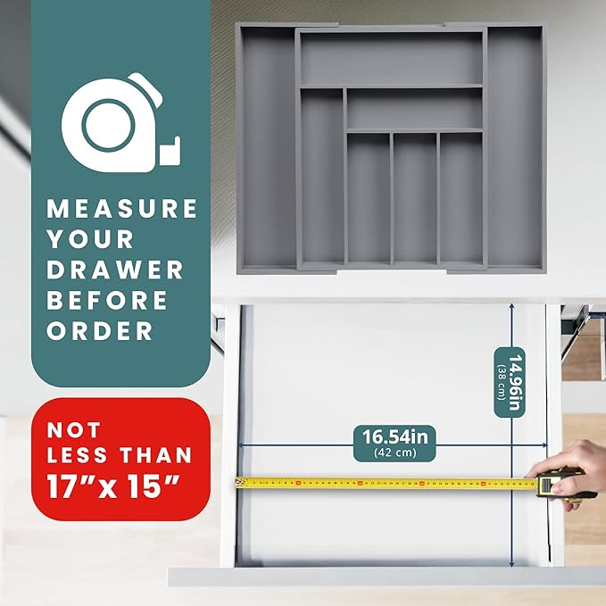 Sben Expandable Drawer Organizer for Utensils Holder, Adjustable Cutlery Tray, Wood Drawer Dividers Organizer for Silverware, Flatware, Knives for Kitchen (Gray)