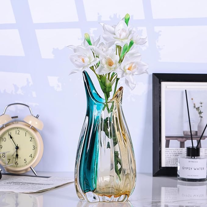 orenm Hand Blown Glass Vase,Unique Wide Glass vase,Modern Colorful Turquoise Glass Art Decor,Amber and Teal Vases for Office,Living Room,Dining Table Table Centerpieces Decorative (Horn-M)