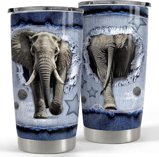 SANDJEST Elephant Tumbler 20oz Stainless Steel Insulated Tumblers Coffee Travel Mug Cup Jeans Drawing Style Elephants Gifts for Women Men Gift for Birthday Christmas
