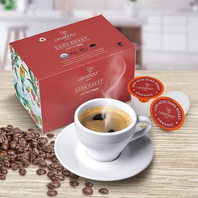 Lifeboost Dark Roast Low Acid Coffee K Cups - Single Origin Mold Free Non-GMO Organic Coffee Pods - Compatible with Keurig & Keurig 2 Machines - 10 Count