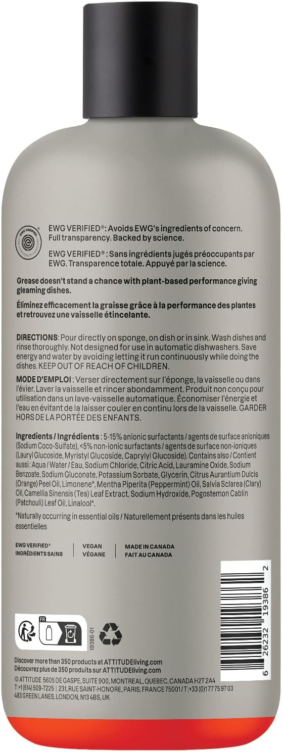 ATTITUDE Dish Soap, Infused with Essential Oils, Plant-Based Ingredients, EWG Verified, Great for Clean and Sparkling Dishes, Vegan Dishwashing Liquid, Orange & Sage, 488 mL
