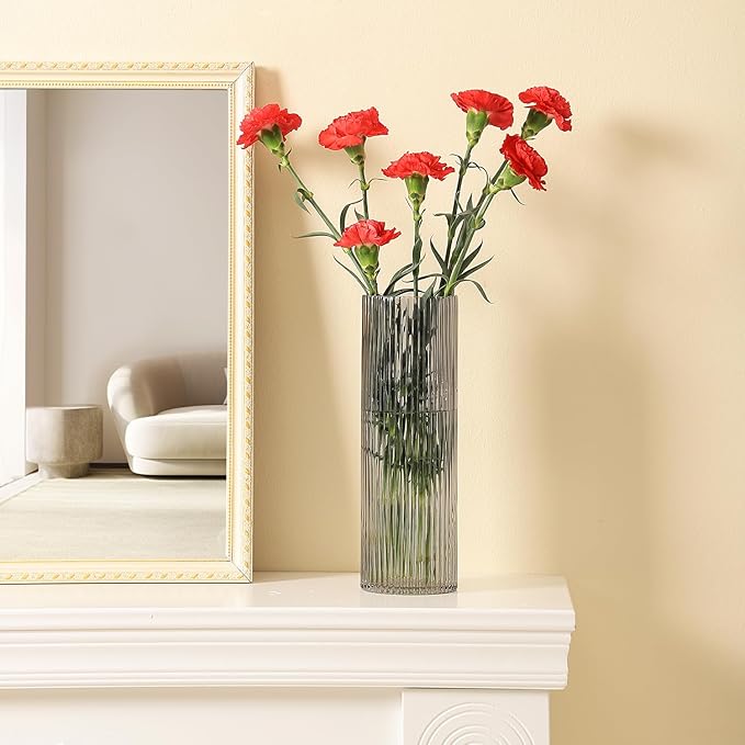 Black Glass Vase, Glass Flower Vase, Ribbed Glass Vase, Black Vase, Tall Cylinder Glass Vases for Centerpieces, Living Room, Bedroom, Dining Table, Office, Wedding, Bookshelf, 12 Inches