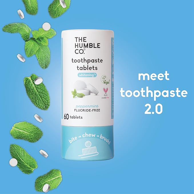The Humble Co Teeth Whitening Chewable Toothpaste Tablets, Peppermint - Fluoride-Free Toothpaste Tabs - Bite, Chew, Brush - Travel-Friendly & Waste-Free Dental Oral Care & Hygiene - 180 Count