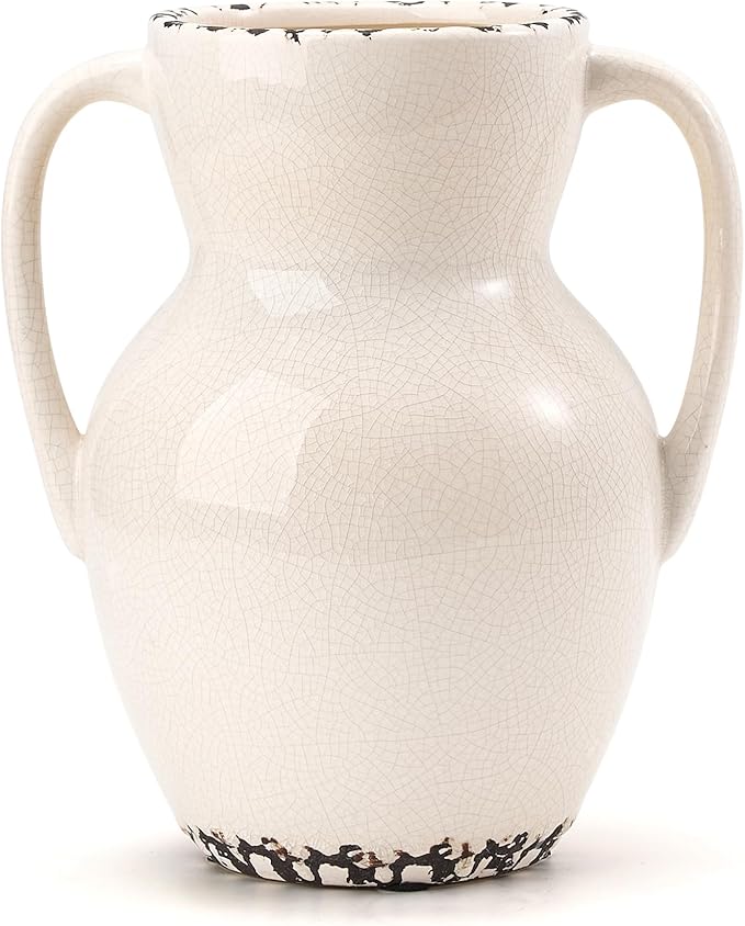 White Ceramic Rustic Vase with 2 Handles, Modern Farmhouse Round Flower Vase, Antique Decorative Vases for Home Decor, Wedding, Living Room, Shelf Decor - 8.3 Inch Tall, Ice Cracked White