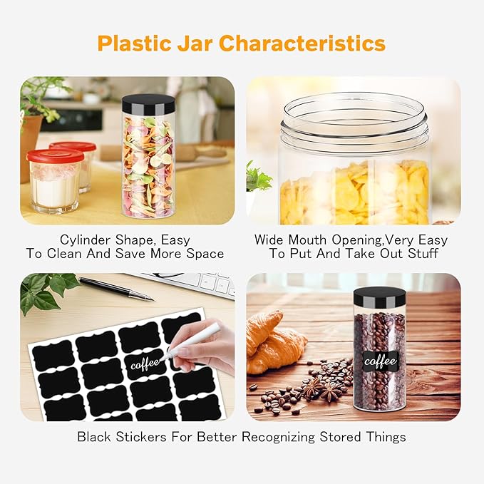 Plastic Jars with Lids 16OZ 16PCS Small Empty Slime Cosmetics Containers Clear Gift Food Jars Round PET Cream Jars with Black Lids Pen Labels for Kitchen Storage Spices Dry Food Butter