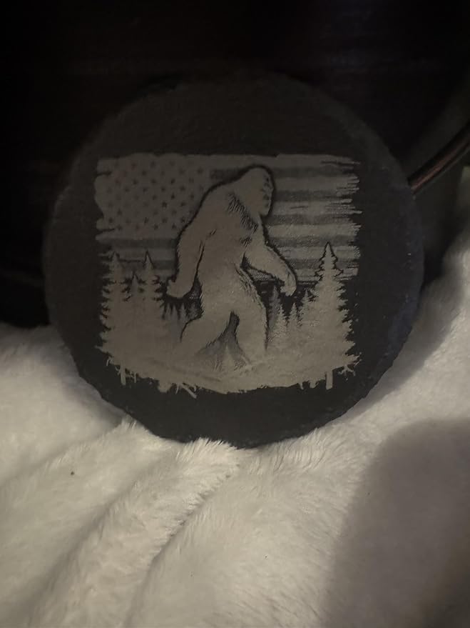 Slate Coasters with Bigfoot American Flag Wilderness Design, Round Stone Coaster Set, 4 Pack