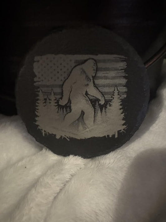 Slate Coasters with Bigfoot American Flag Wilderness Design, Round Stone Coaster Set, 4 Pack