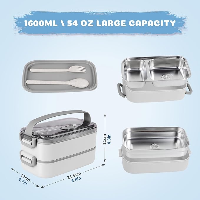 Bento Lunch Box for Kids Women Men, 47oz 2-Compartment Snack Salad Metal Food Prep Pack Container for Lunch, Stainless Steel 3 Layers Stackable Lunch Containers with Lids for Adults and Teens White