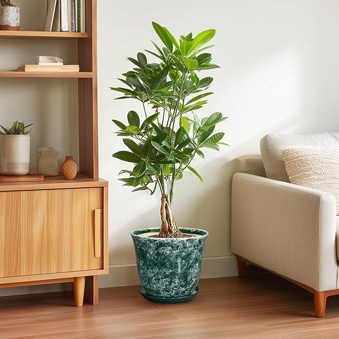 Ceramic Plant Pots - 10 Inch Plant Pot for Indoor Outdoor, Round Planter with Drainage Hole and Tray, Decorative Flower Pots, Modern Planters, Home Patio Garden Decor, Garden Gifts, Green