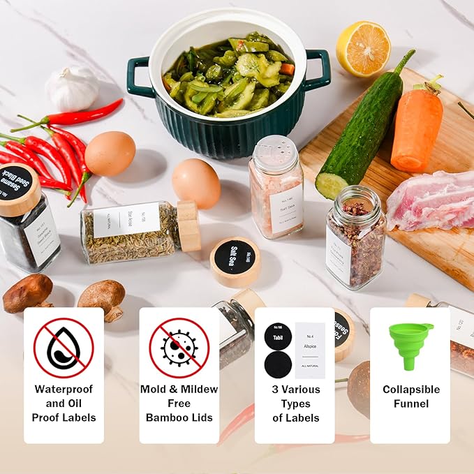 24 Pcs Glass Spice Jars Bamboo Lids with Spice Drawer Organizer Set, 4 Tier-8 Pack Acrylic Expandable Spice Rack , 396 Spice Labels, Seasoning Containers Organization for Kitchen Cabinet Countertop