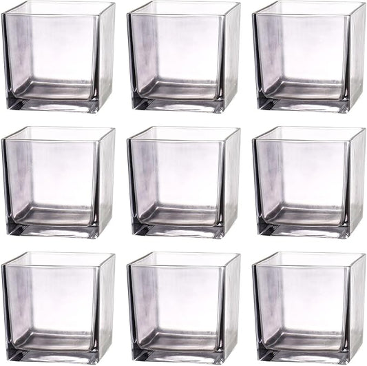 Square Glass Vases Set of 9, 4"x 4"x 4" Flower Vases for Centerpieces, Grey Glass Vase for Flowers, Small Vase for Wedding, Party, Home Office Decoration