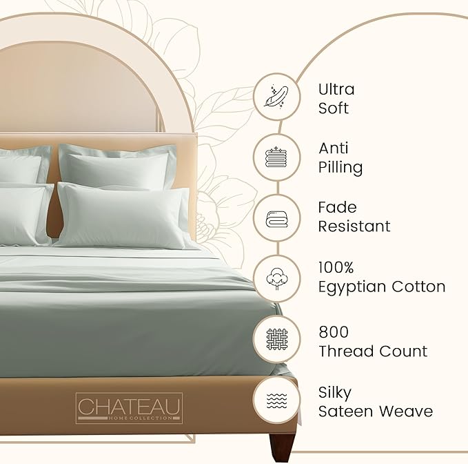 King Bed Sheets Deep Pocket King Sheet Set, 800 Thread Count Long Staple Fully Elasticated Egyptian Cotton Sheet & Pillowcase sets, Machine Wash No Pill Naturally Breathable Cotton Bedding- Mineral