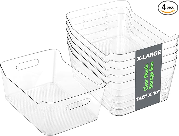 Tiawudi 4 Pack Plastic Storage Bins, Extra Large Pantry Organizer, 13.5" x 10" Clear Storage Containers and Organizer Bins, Multi-Use Bins for Home, Kitchen, Closet and Cabinet