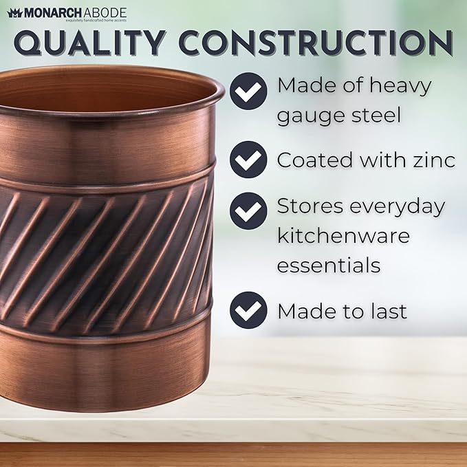 Monarch Abode Handcrafted Wave Embossed Kitchen Utensil Holder for Kitchen Counter, and Large or Small Spoon Holder, Decorative Cooking Utensil Crock Organizer for Countertop, Antique Copper Finish