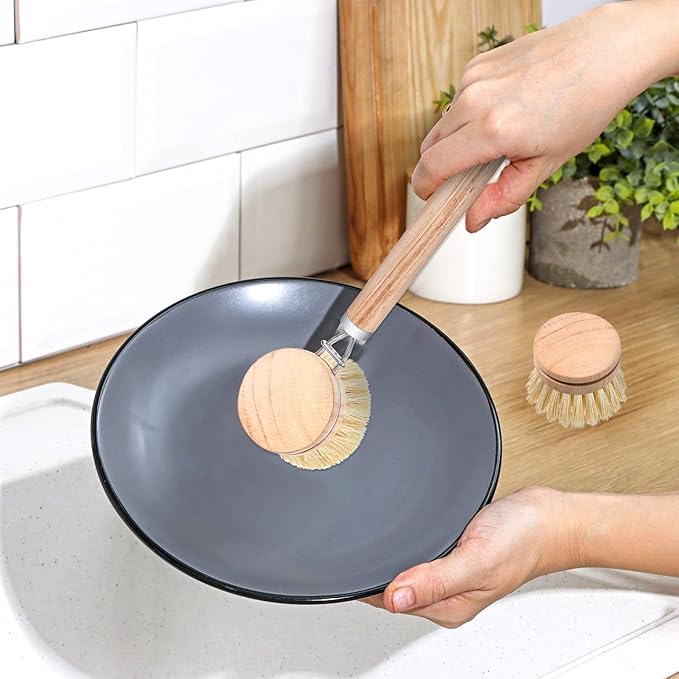 8 Pcs Wooden Dish Brush with Handle Bamboo Scrub Brush for Dishes with Dish Brush Replacement Head Dish Brush for Kitchen Cleaning Dishes