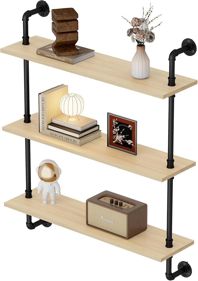 3-Tier Industrial Pipe Floating Shelf – Rustic 24 inch Wood Wall-Mounted Storage Shelf for Kitchen Office,Bathroom & Home Decor -White Oak
