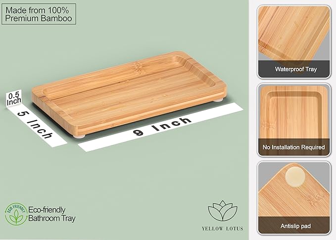 Small Bamboo Tray for Bathroom Countertop - Natural Wooden Bathroom Counter Tray Decor, Spa Skincare Make up Trays for Vanity or Dresser Tops, Neutral Home Decor Aesthetic, Soap Dish, 9 inch