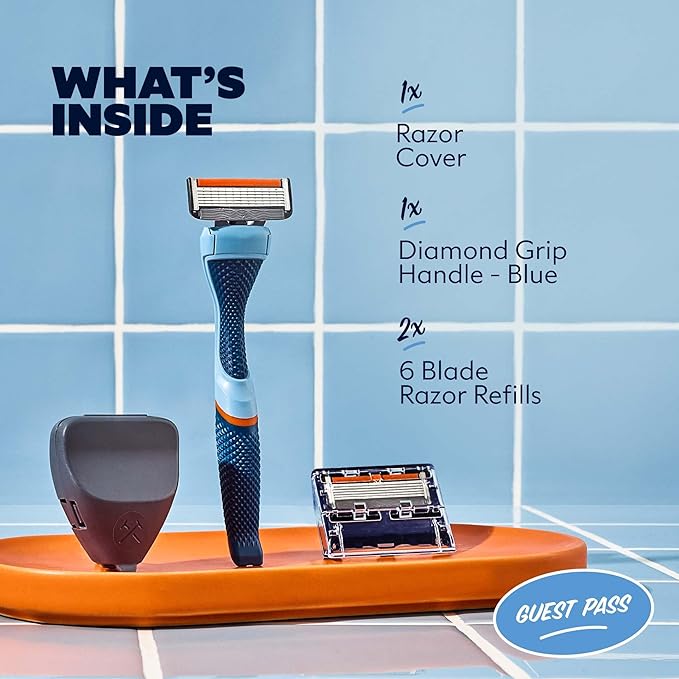 Dollar Shave Club | The Guest Pass Shave Set | 2 Extra Close Refill Cartridges, 1 Handle (Blue), 1 Razor Cover, Razors for Men