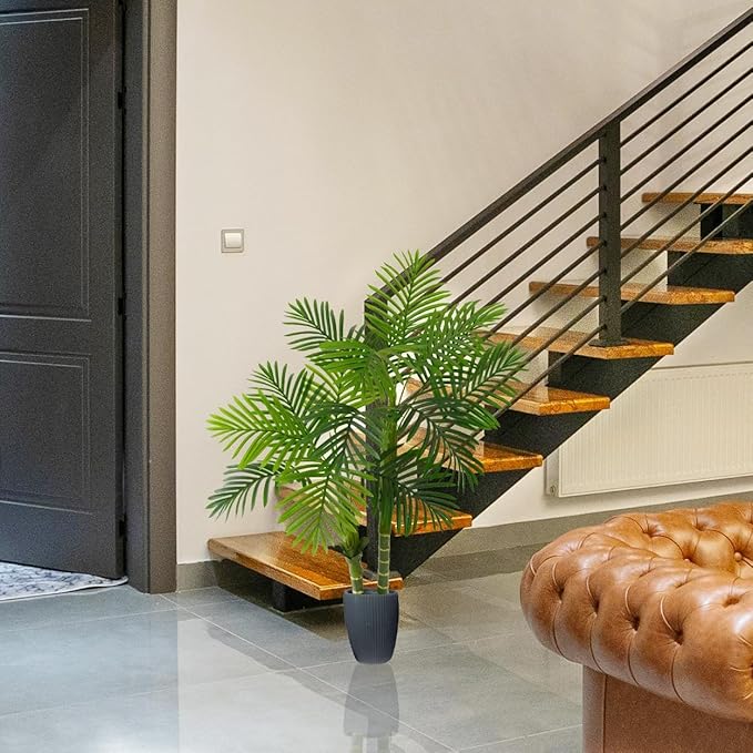 Artificial Palm Tree, 4ft Golden Cane Fake Palm Plant with Basket, Phoenix Palm UV Resistant Faux Plants for Indoor Outdoor Home Garden Patio Office Décor