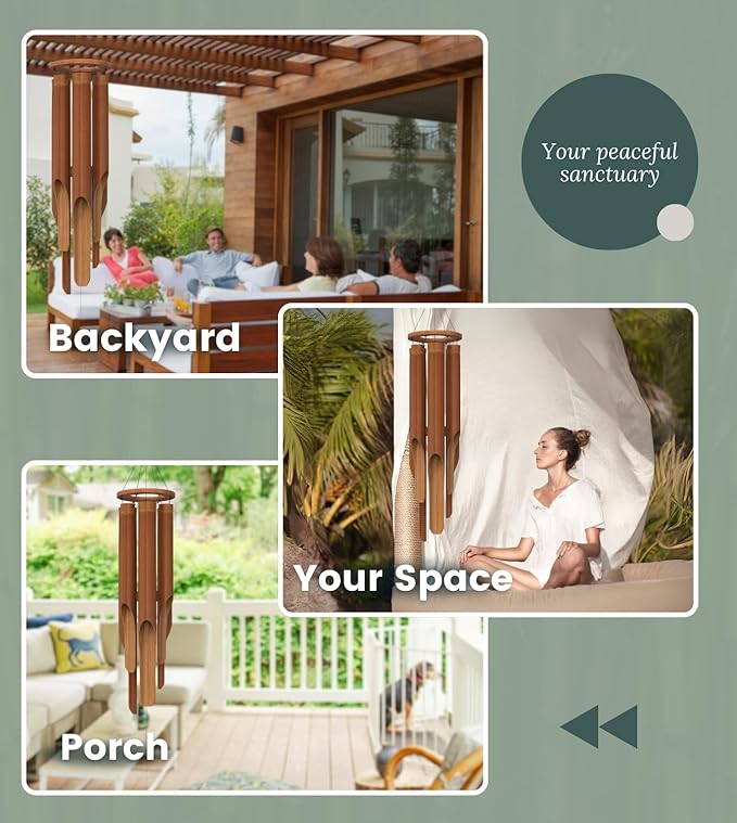 Classic Bamboo Wind Chimes - Outside Outdoor Wood Wooden Windchimes, Large, Handcrafted with Calming Deep Tones, Ideal Home Decor or Gift for Any Occasion