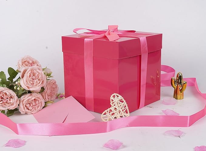 Jaywayang 5 Pack Pink Gift Boxes with Lids, Ribbons and Tissue Papers Square Gift Boxes - 7.1 Inch - Birthday, Wedding, Presents Wrapping, Mother's Day, Valentine's Day Decoration Party Favor Boxes.