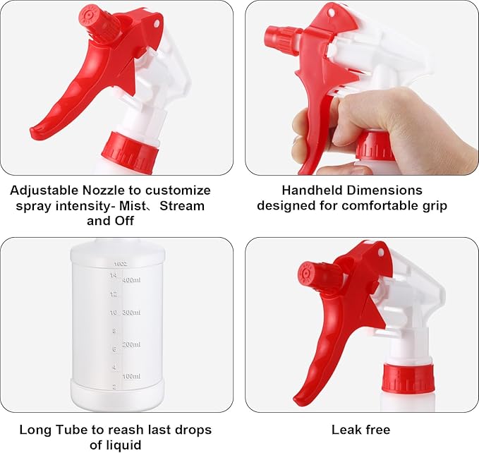 Eccliy 12 Pcs 16 Oz Plastic Spray Bottle, Adjustable Empty Reusable Sprayer for Cleaning, Planting, Water, Bathroom and Kitchen, BBQ, Commercial and Residential(Red & White,Measurement)